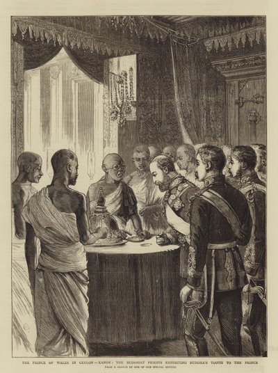 Il Principe di Galles a Ceylon, Kandy, i sacerdoti buddisti mostrano il Dente di Buddha al Principe da Alfred Chantrey Corbould